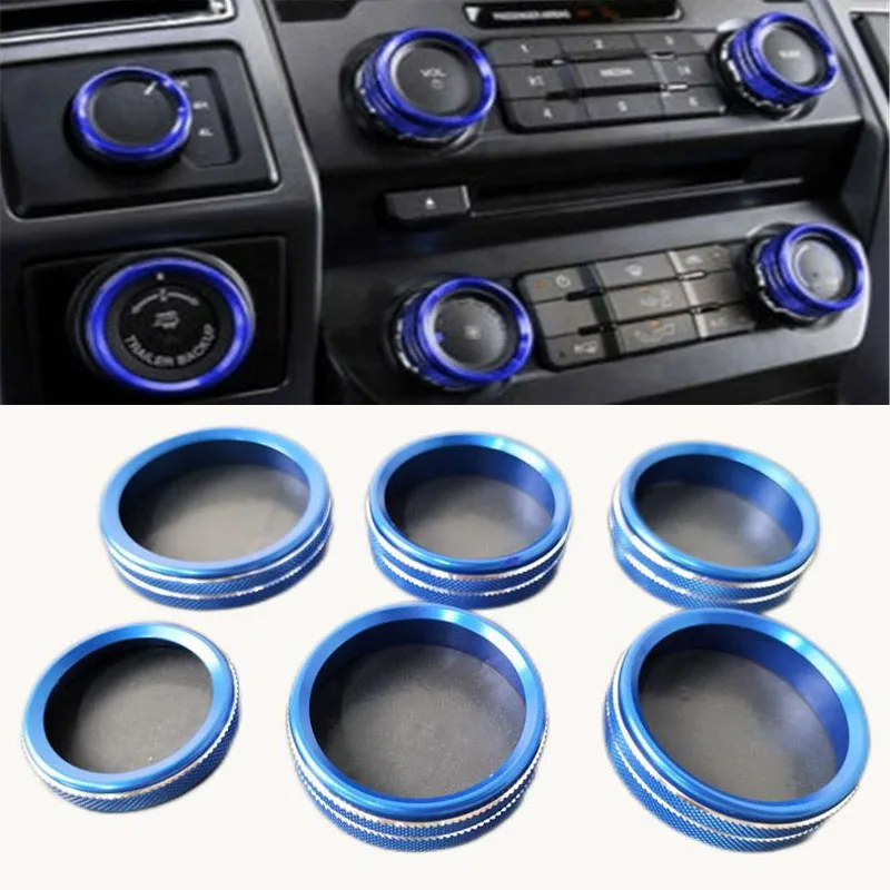 6PCS Aluminum Alloy For 2016-2021 Ford F150 Central Control Air Conditioning Heat and Car headlight Volume Knob Switch Cover