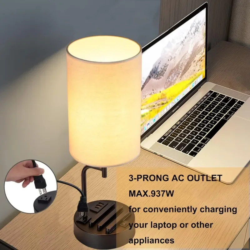 New modern LED touch dimming desk lamp, metal base fabric lampshade bedside lamp, with USB charging port, wholesale factory