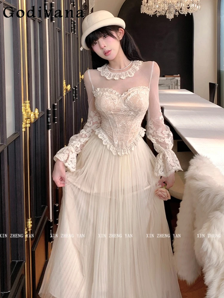 مزاجه الفرنسية الحلو الدانتيل كم طويل هيكل السمكة سليم الأعلى المرأة الخريف الشتاء أنيقة مأدبة عالية الخصر موضة الشاش تنورة
