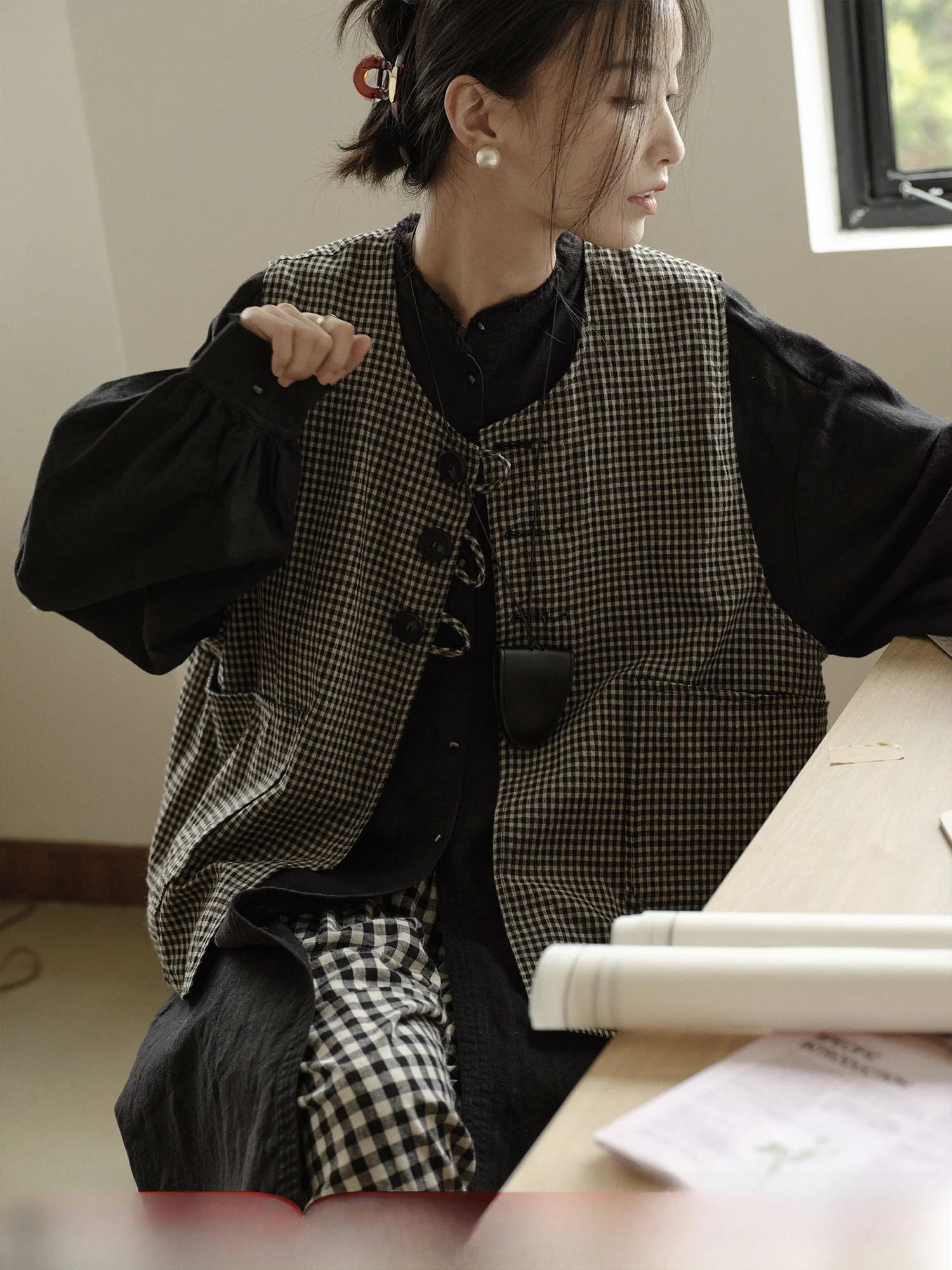 

Двусторонняя одежда, клетчатый жилет, кардиган, женский осенний дизайн, многослойная майка, универсальная U-образная застежка на одной пуговице