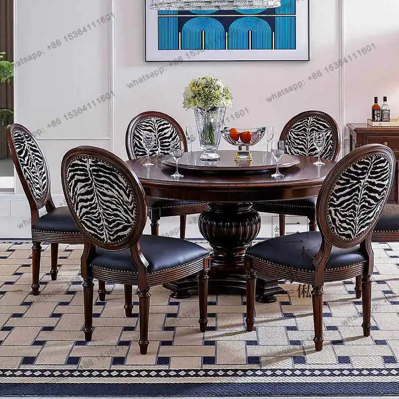 

French solid wood carving flower round table European restaurant large flat casual reception round table