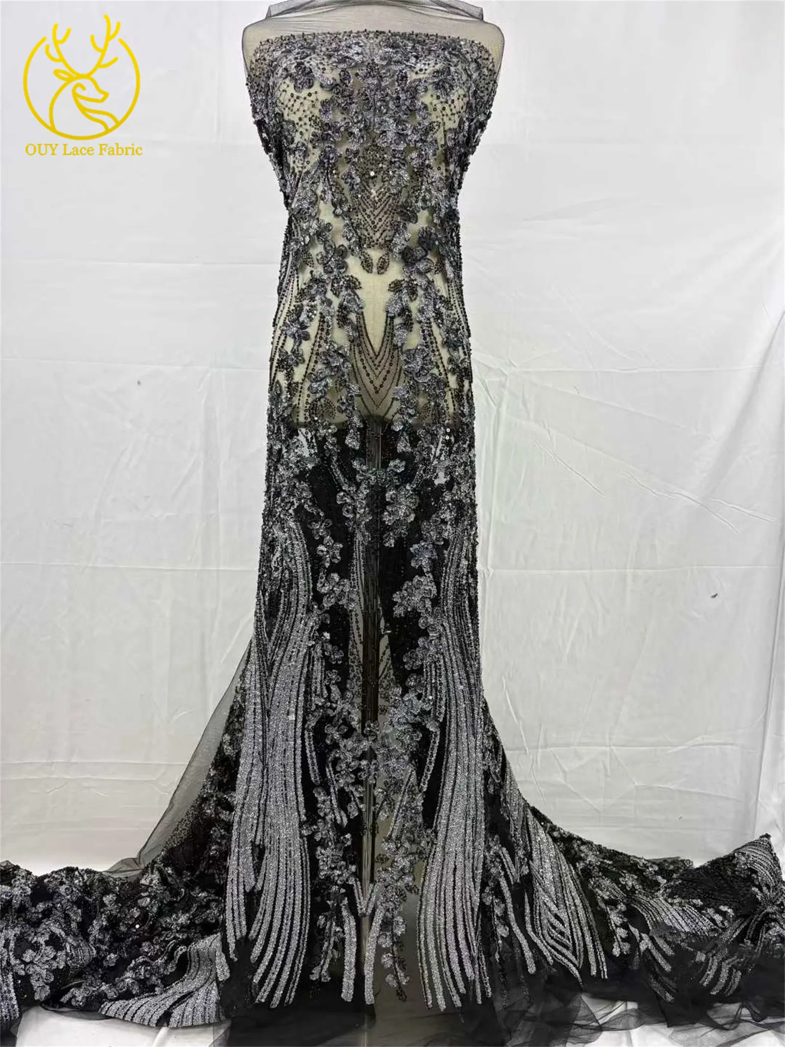 Hochwertiger afrikanischer Perlen-Spitzenstoff, 3D-eleganter französischer nigerianischer Pailletten-Tüll-Spitzenstoff für Damen, Party, Hochzeitskleid, Nähen, 5Y – Detail 4