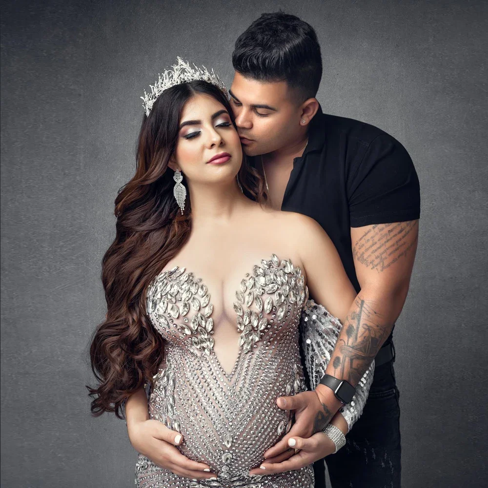 Elasticity Sparkly Rhinestones Maternity Photography Gown Large Size Dress Suitable For Pregnant Women Photography Clothing Prop