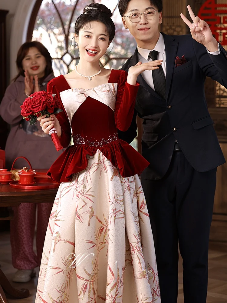 

Бархатное свадебное платье Dr White с длинными рукавами, в пол, в корейском стиле, для свадебных банкетов, выступлений и повседневной носки