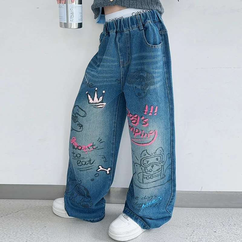 

autumn teenage girls cartoon graffiti jeans junior kids casual wide leg trousers tween girls clothing 10 to 12 14 child clothes