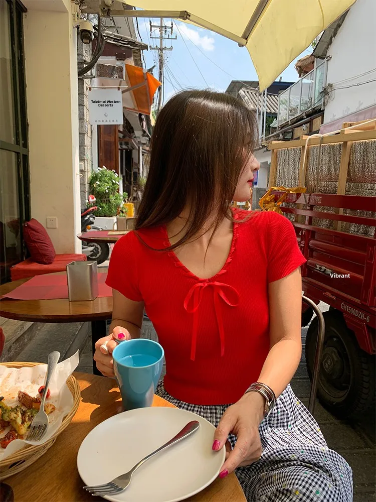 

Red Ice Silk Short Sleeve Knitted Top Women's Slim Fit Overhead Korean Style Comfortable Breathable Summer New Design