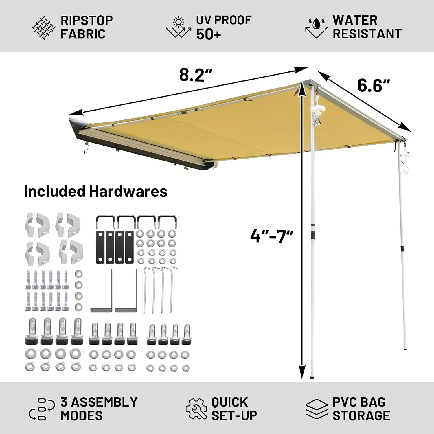 Car Awning Camper Awning 8.2X6.5ft Truck Tent Waterproof PU10000mm UV50+ Rooftop Overland Camping, Retractable Side Tent Shade f