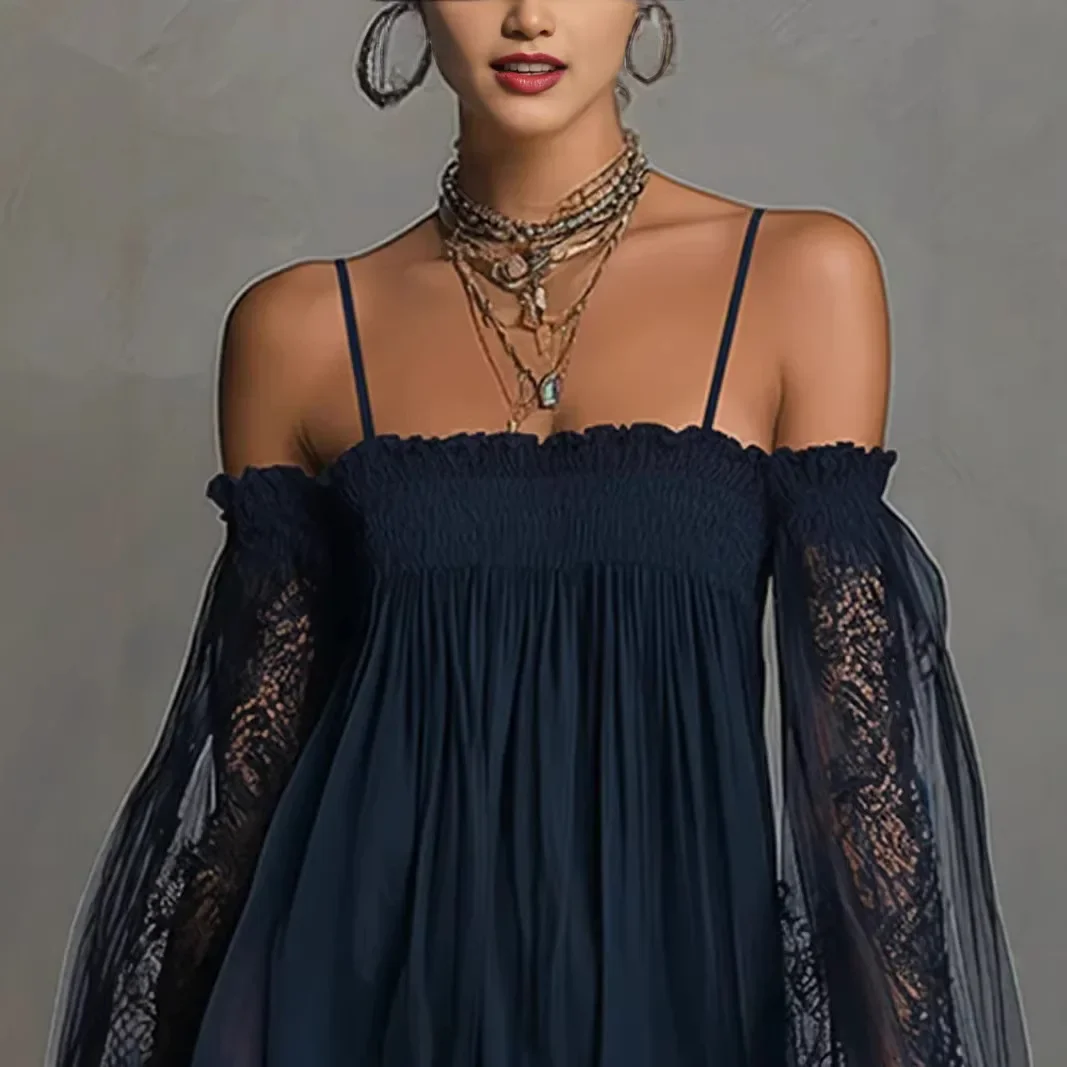 

Off Shoulder Women Mini Dress Elegant Suspender Dress Summer Fashion Lace Sheer Long Puff Sleeve Party Evening Chic Dresses
