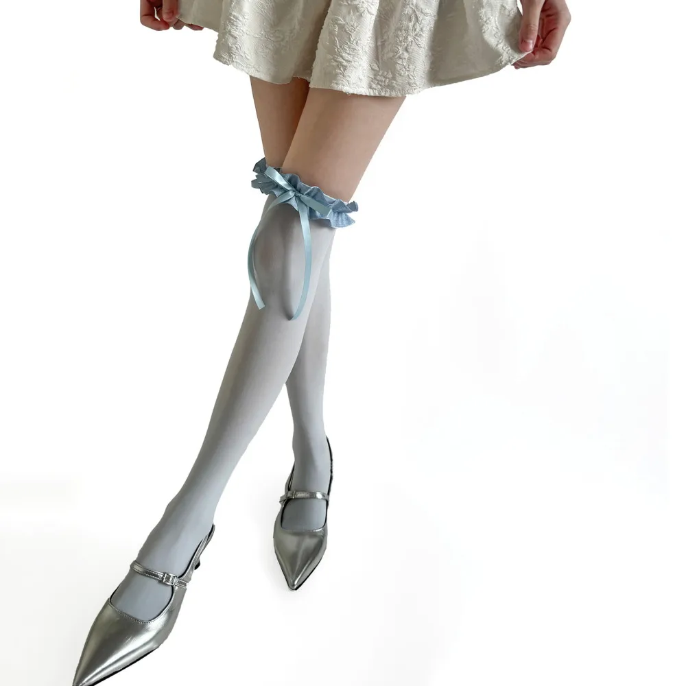 Women Stockings Sweet Girls Frilly Socks Ribbon Bow Lolita Thigh High Socks Stocking Velvet Thigh High Stockings Knee High Socks