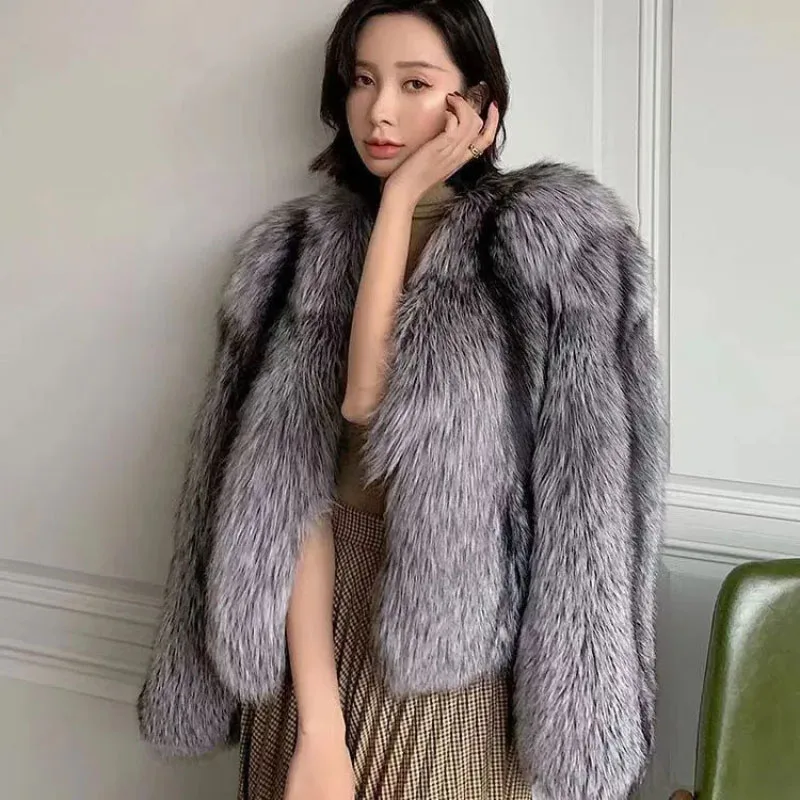 Formal Fur Jacket Women Short Overcoat Autumn Winter Loose Thick Warm Parker Coats Silver Fox Fur Luxury High-End Mao Mao Coat