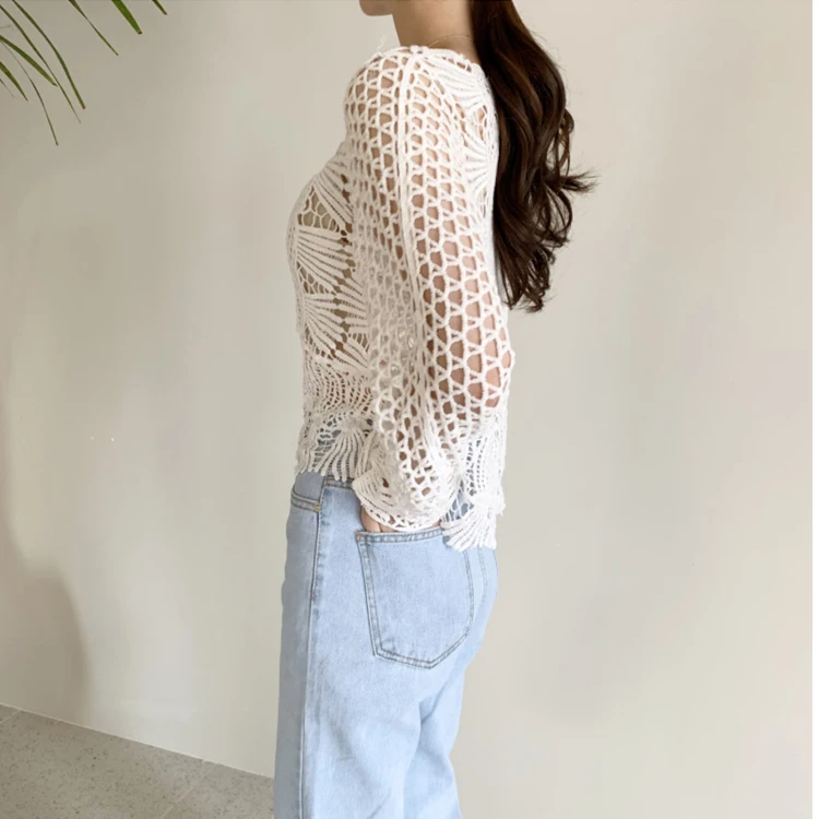 Boho Crochet Knit Top for Women Embroidery Lace Long Sleeve Openwork Pullovers Summer Cover Up Vacation Outfit