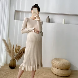 Autumn Winter Knitted Maternity Long Sweaters Chic Ins Elegant A Line Slim Dress Clothes for Pregnant Women Pregnancy