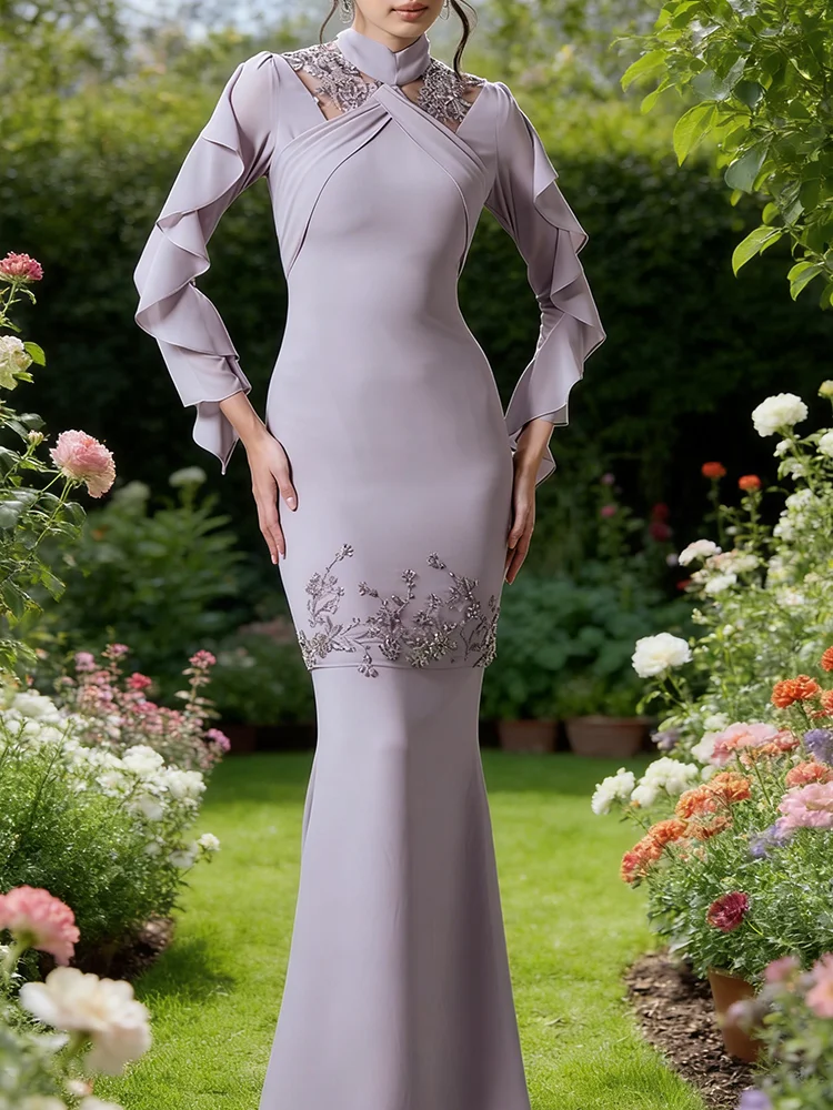 

Elegant High Collar Appliquins Full Sleeve Ruffles Mermaid Formal Evening Dresses Birthday Party Prom Gowns Customized