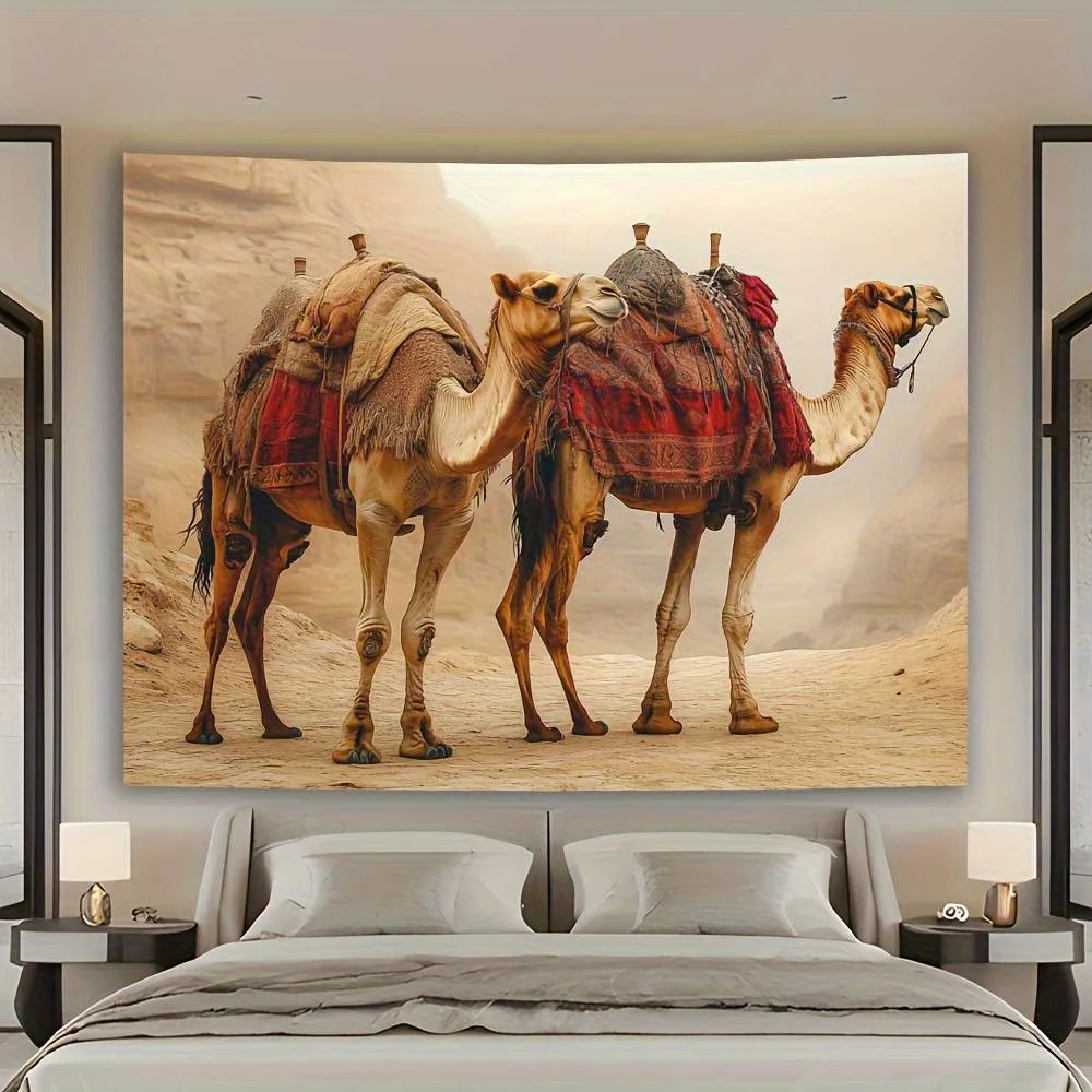 Desert Camel Tapestry, Vintage Caravan Wall Hanging, Boho Safari Animal Decor for Living Room Bedroom Dorm Background