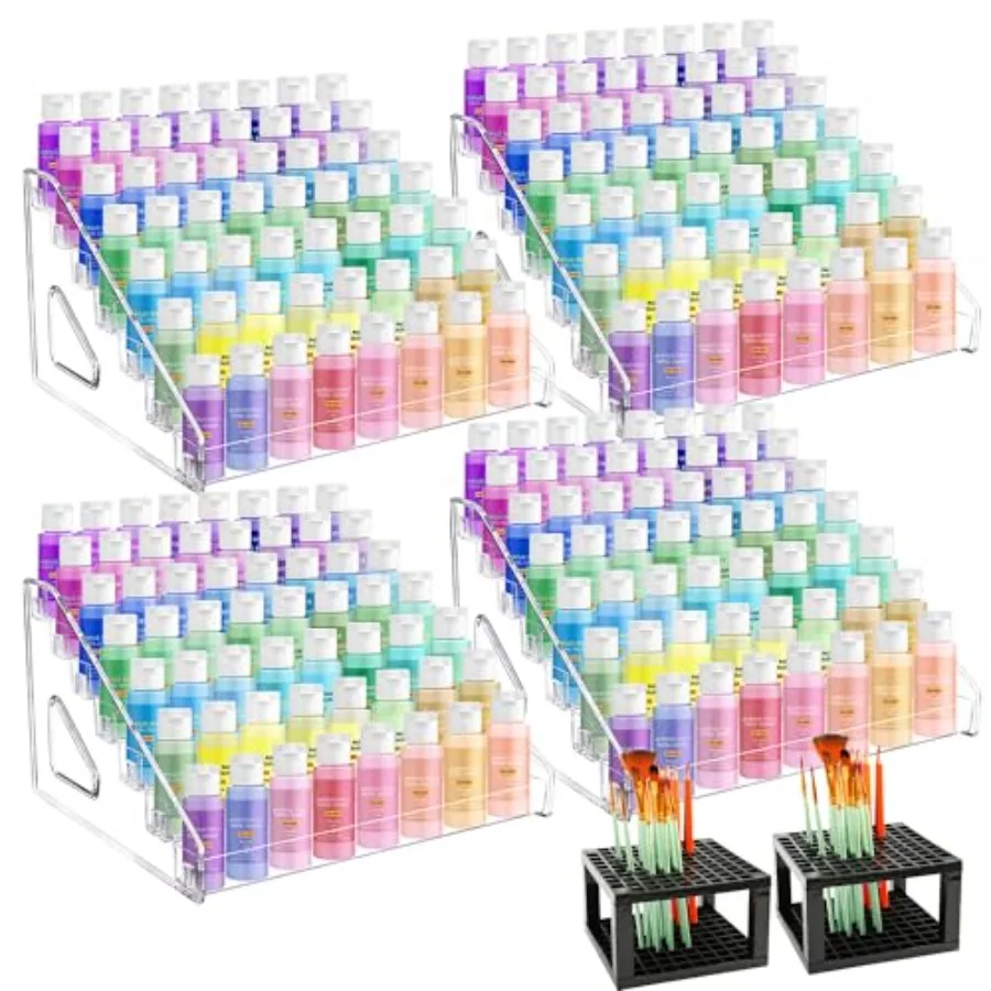 

【Spot goods】4 Pcs Clear Acrylic Paint Organizer Rack with 2 Brush Holder 7 Layer Acrylic Paint Tube Organizer Snap-On Craft Org