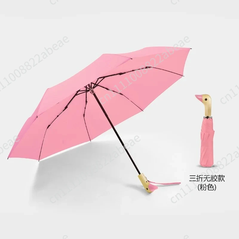 Triple fold duck head umbrella creative wooden handle sun protection rain and shine women's vinyl cute duck umbrella