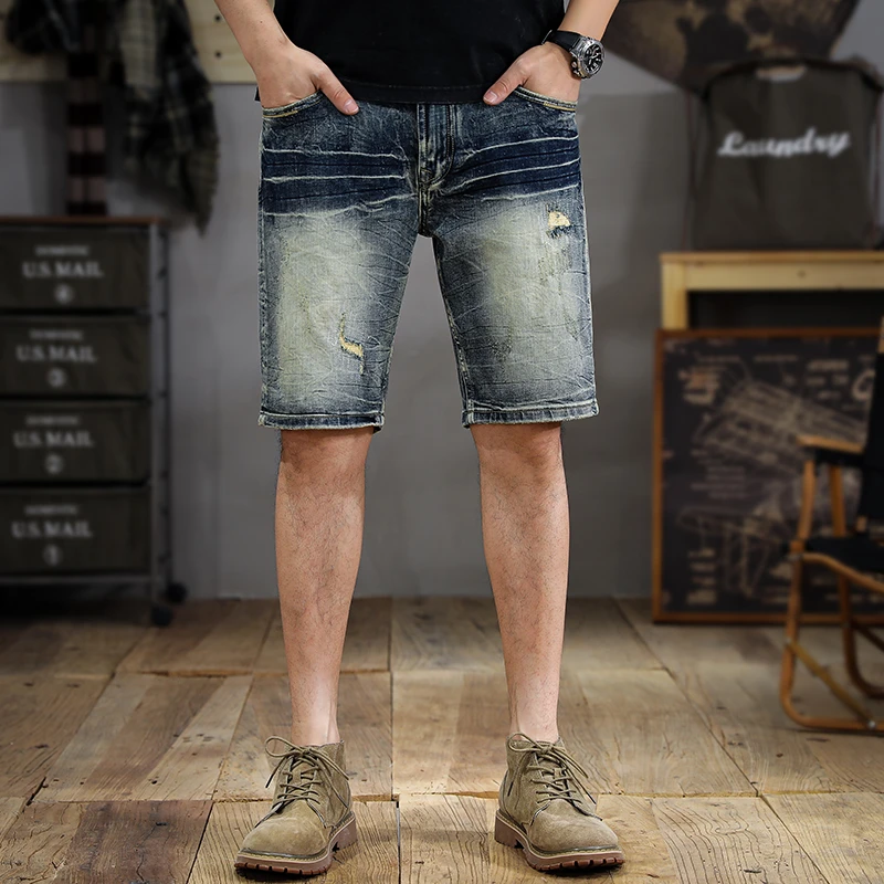 

JXN1031 High-end washed do old holes denim shorts men summer new Slim straight trousers ins tide five points