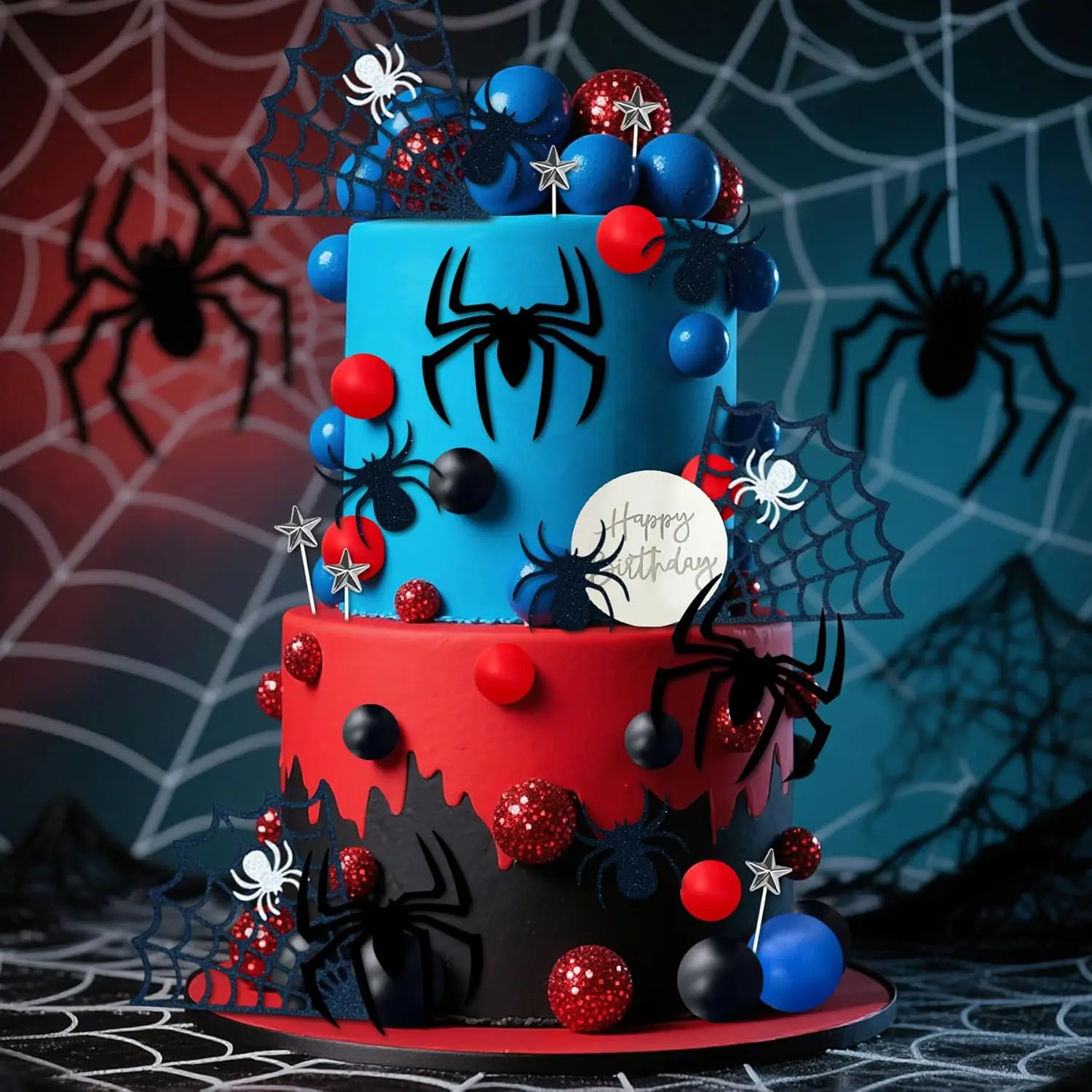 Spinnen-Kuchenaufsatz mit Spinnennetz-Kugeln, Sternen für Jungen, Männer, Geburtstagsfeier, Babyparty-Zubehör – Detail 3