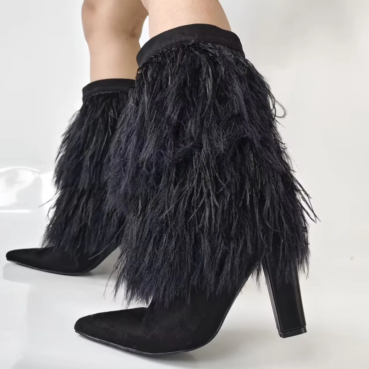 

2025 New Fluffy Knee High Women Boots Pointed Toe Thin High Heel Fashion Catwalk Long Boots Black Hair Stage Party Boots