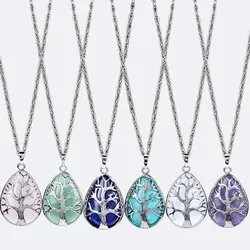 Tree of Life Natural Gemtone Crystal Amethyst Rose Quartz Tiger Eye Stone Water Drop Pendant Necklace for Women Men Jewelry