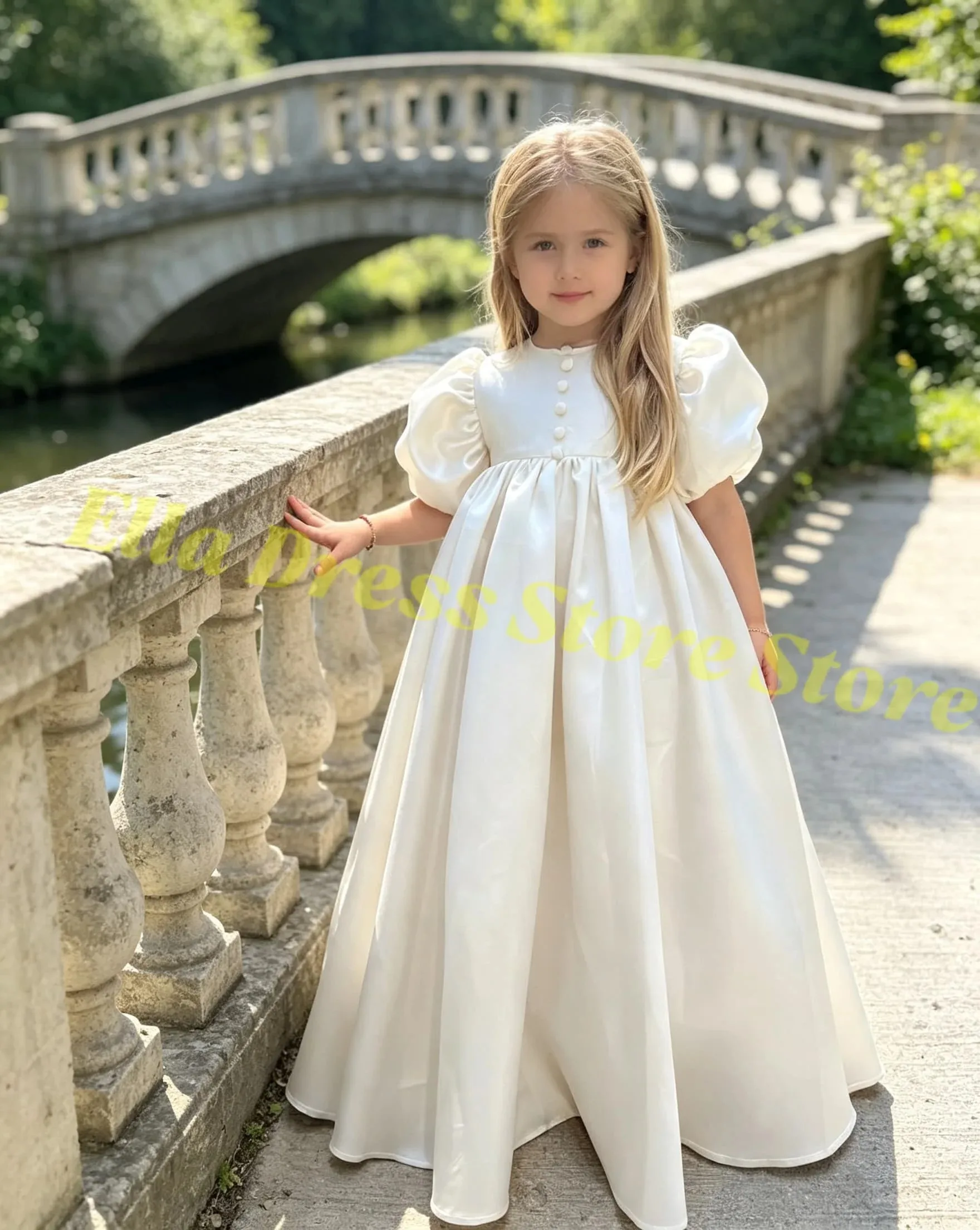 Großhandel Blumenmädchenkleid für kleine Mädchen Vintage Hochgeschnittenes Prinzessinnenkleid mit Puffärmeln Geburtstagskleid Maßgeschneidertes Hochzeitskleid – Detail 4
