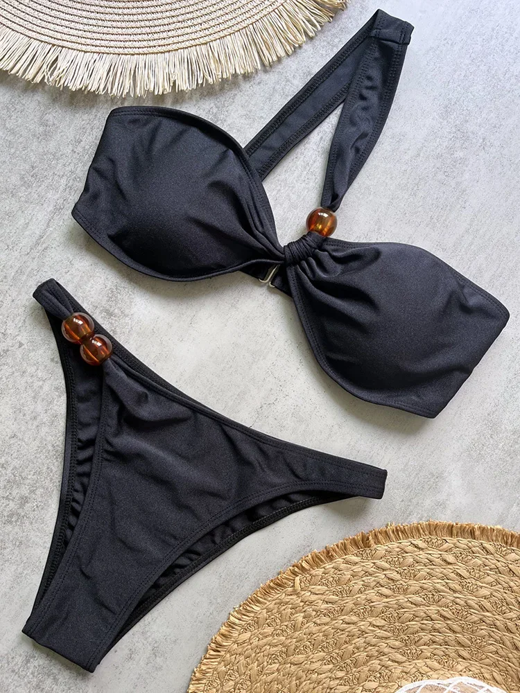 Sexy Solid Single Shoulder Bikini 2 Piece Set Women Split Swimsuit High Waist Beach Bikini 2025 New Summer Swimwear Bikinis Set