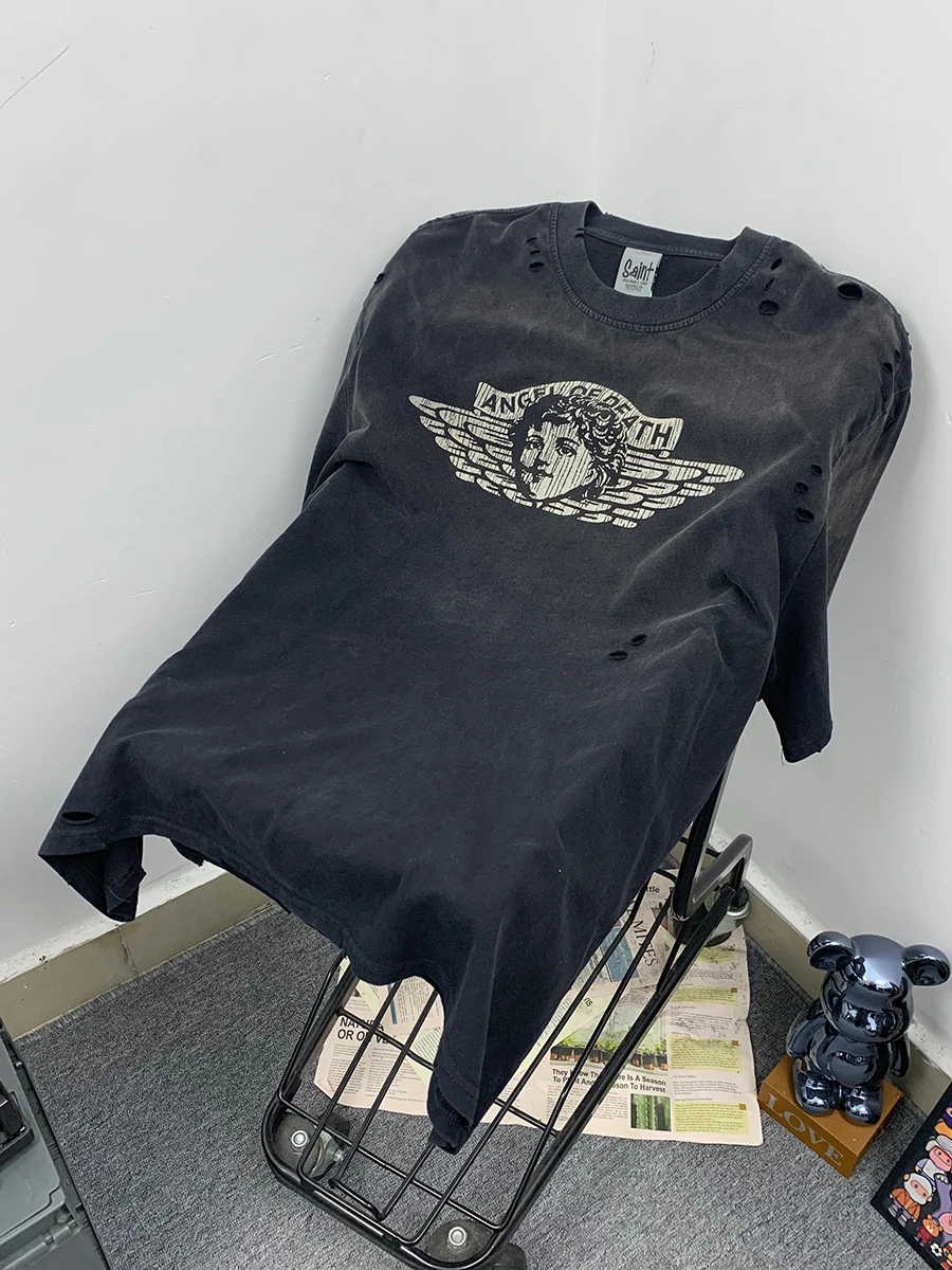 Saint Angel Limited American High Street Trendy Brand Heavyweight Hole Couple Loose Casual Pure Cotton Short Sleeve T-Shirt Men