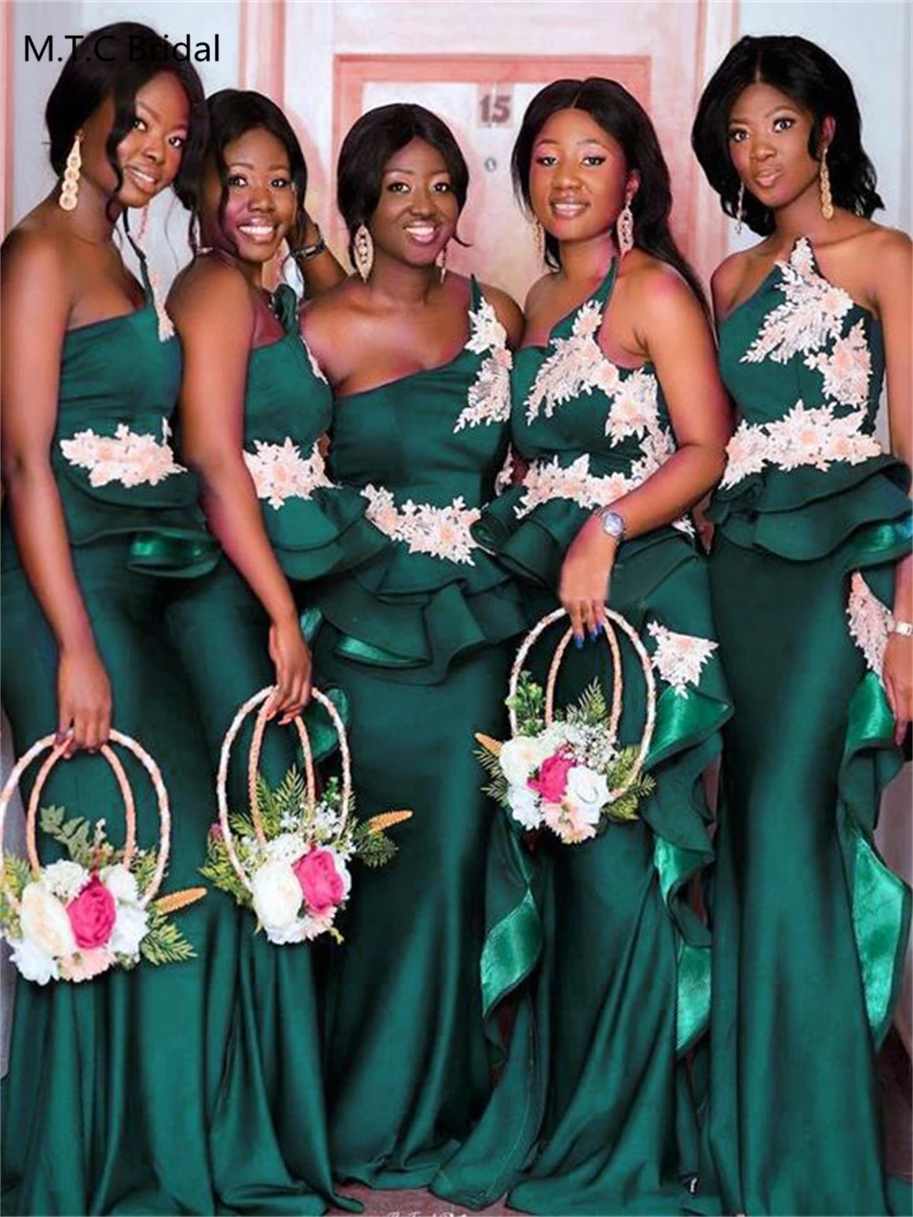 Wonderful Mermaid Long Green Bridesmaid Dresses Appliques Satin One Shoulder High Quality Wedding Guest Gowns Custom Made