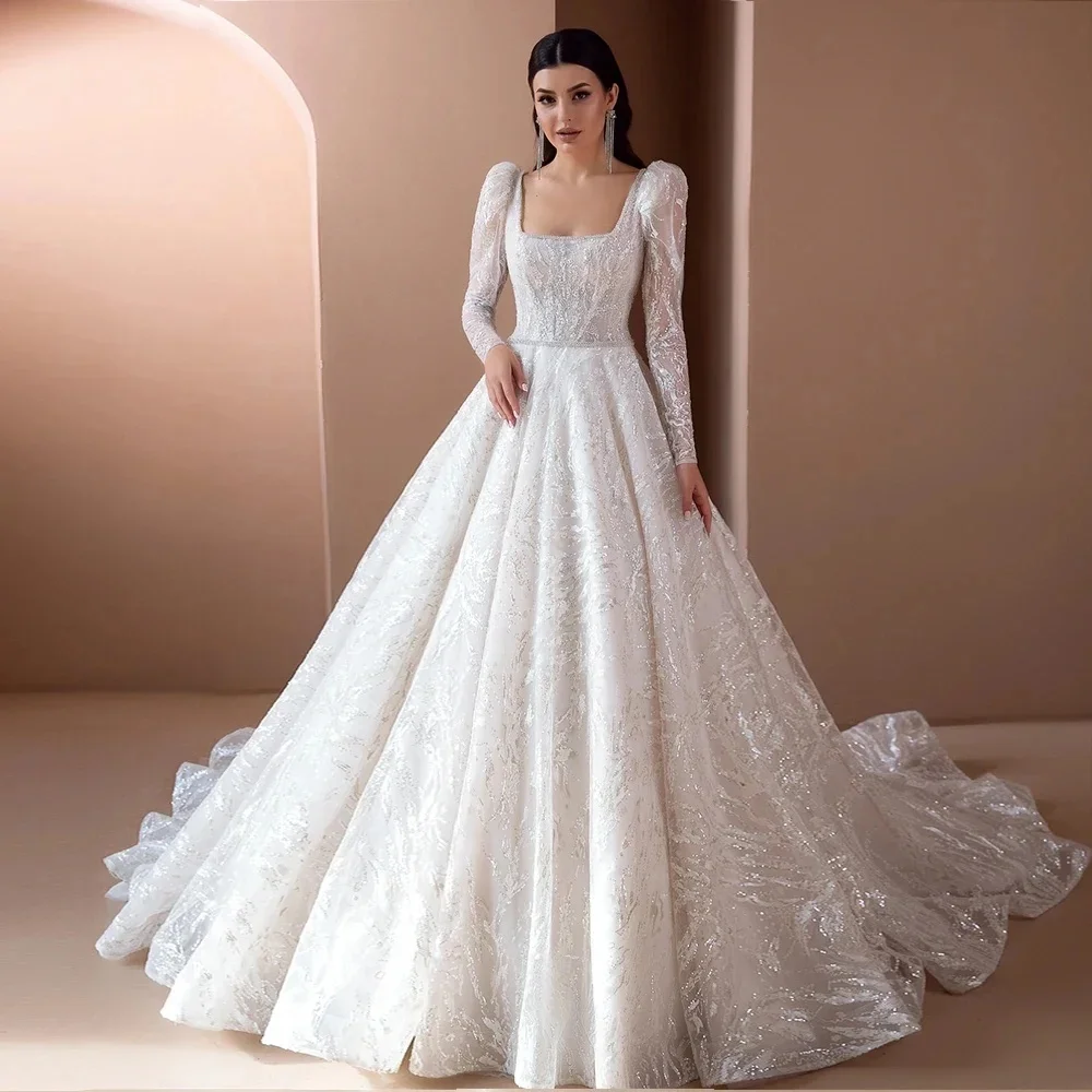 Sexy A Line Bridal Gown Off Long Sleeve with Square Lace Backless Customized Wedding Dresses  Women Clothing 2024