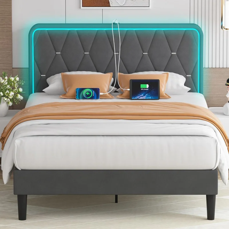 VLO Upholstered Full Bed Frame with Headboard Adjustable,Velvet Platform Bed with LED Lights,Charging Station,Mattress Founda