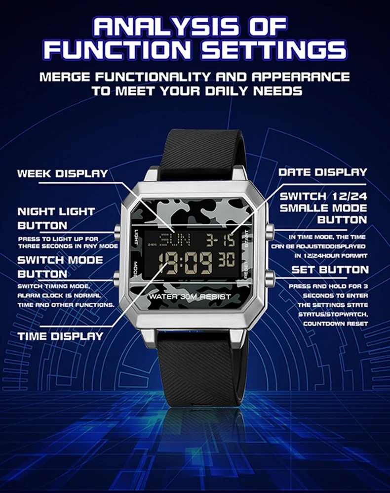 Ofns 6161นาฬิกาผู้ชายดิจิตอลอิเล็กทรอนิกส์ใหม่, นาฬิกาทหารสปอร์ตไฟ LED สุดหรูกันน้ำ2024
