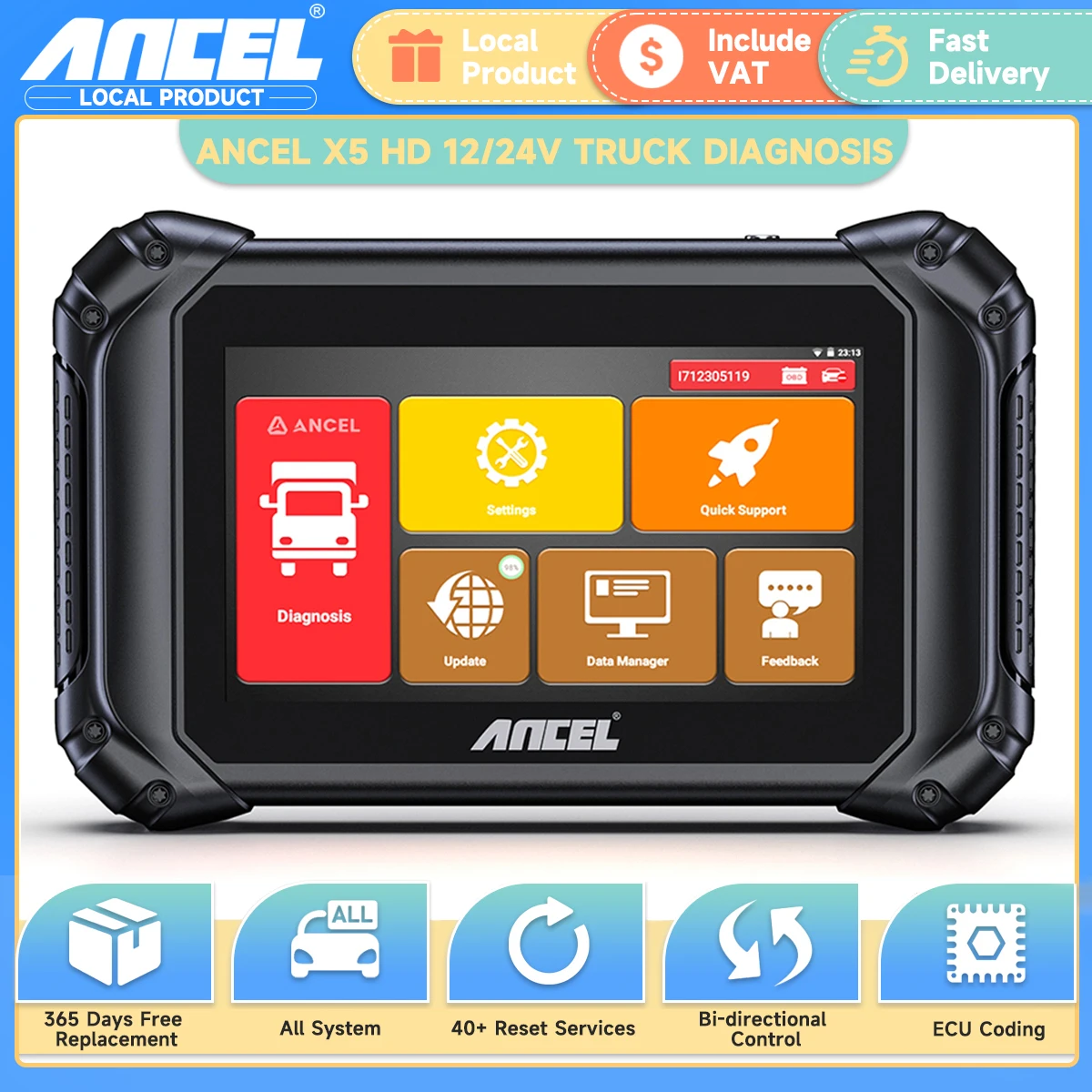 

ANCEL V5 HD Heavy Duty Truck Diagnostic Tools Full System Diagnostic 40+ Reset ECU Coding BI-directional OBD2 Scanner For Truck