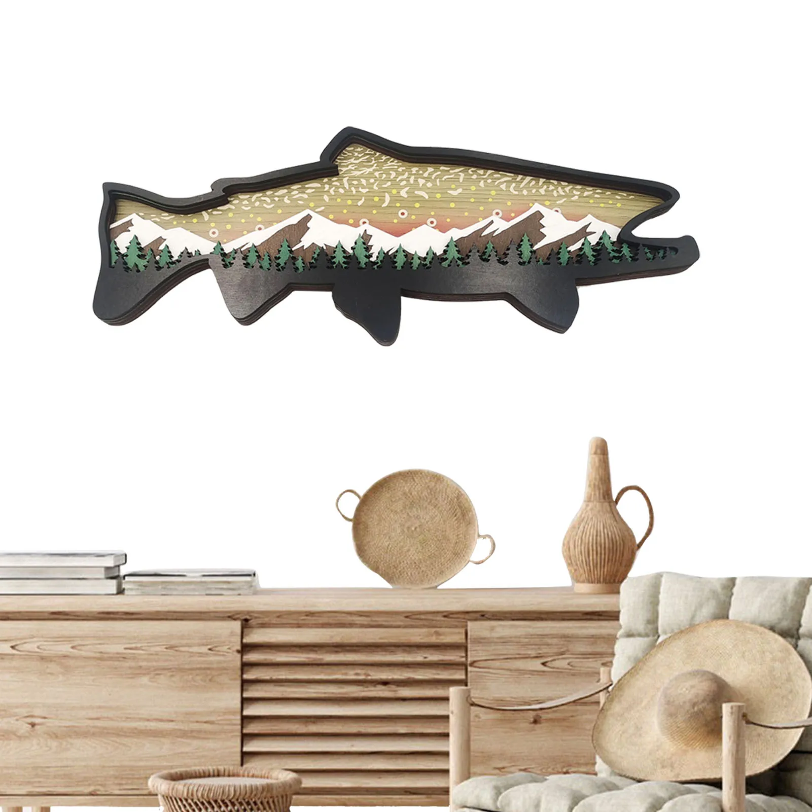 Wooden Fish Desktop Ornament 3D Ocean Animal Statue Ornament Multi-Layer Desktop Handmade Craft Mountain Woodland Chum Salmon