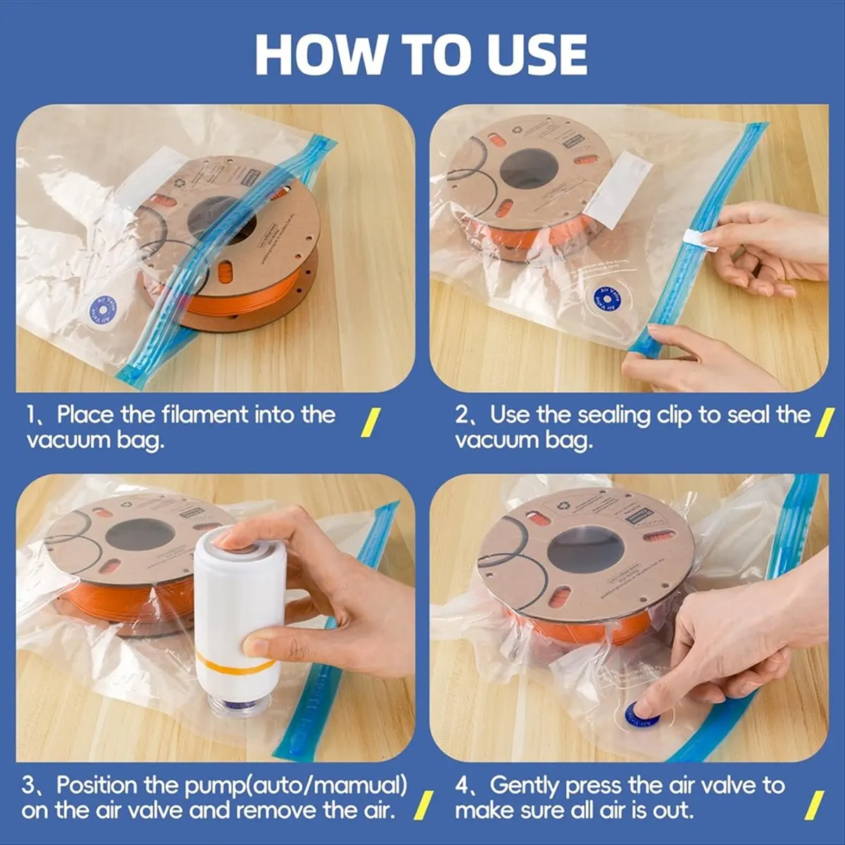 

50 шт. комплект пакетов для хранения нити с электрическим насосом и ручным насосом, пакеты для хранения нити для 3D-принтера, вакуумный герметичный комплект [ABPS]