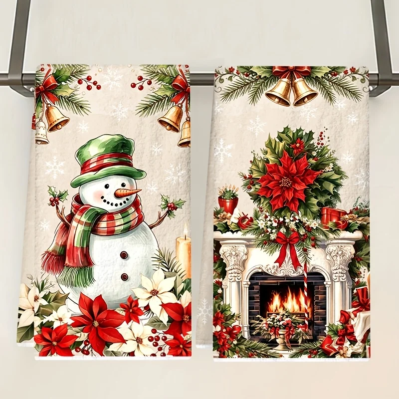 2 vintage Christmas kitchen towels snowman angel plum print polyester cleaning cloth