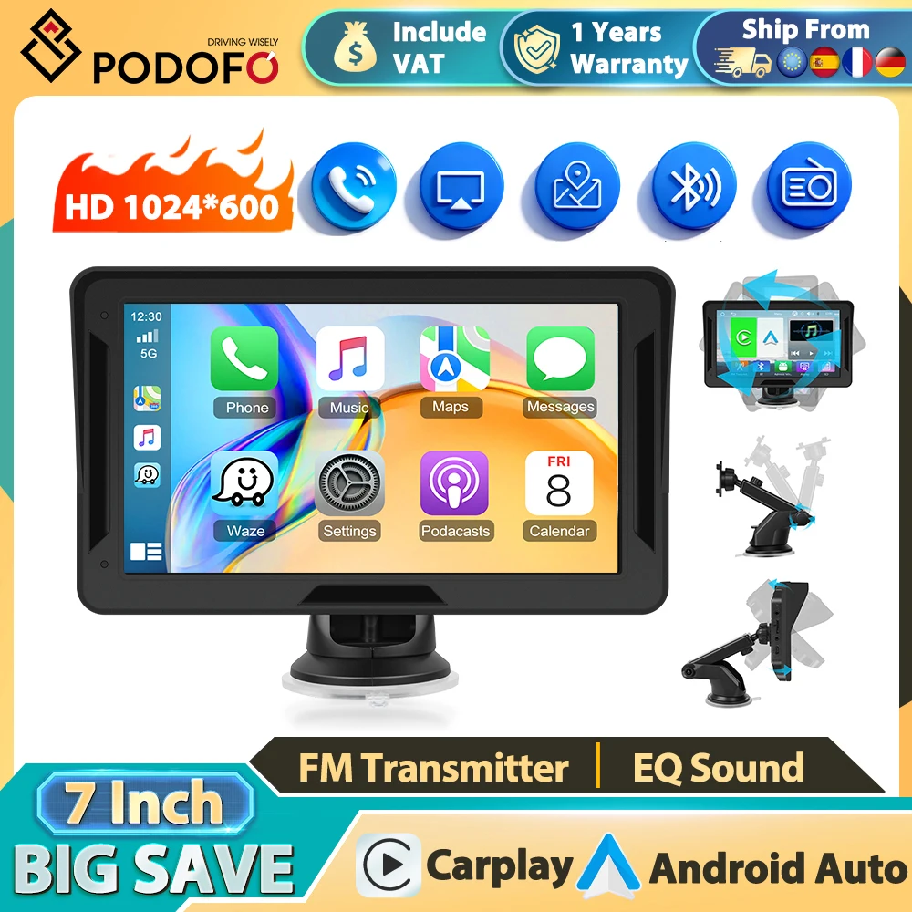 Monitor samochodowy Podofo z funkcją Wireless Carplay, Android Auto, Mirror Link, odtwarzacz multimedialny, pilot zdalnego sterowania, FM, karta SD, efekt EQ, USB, AUX