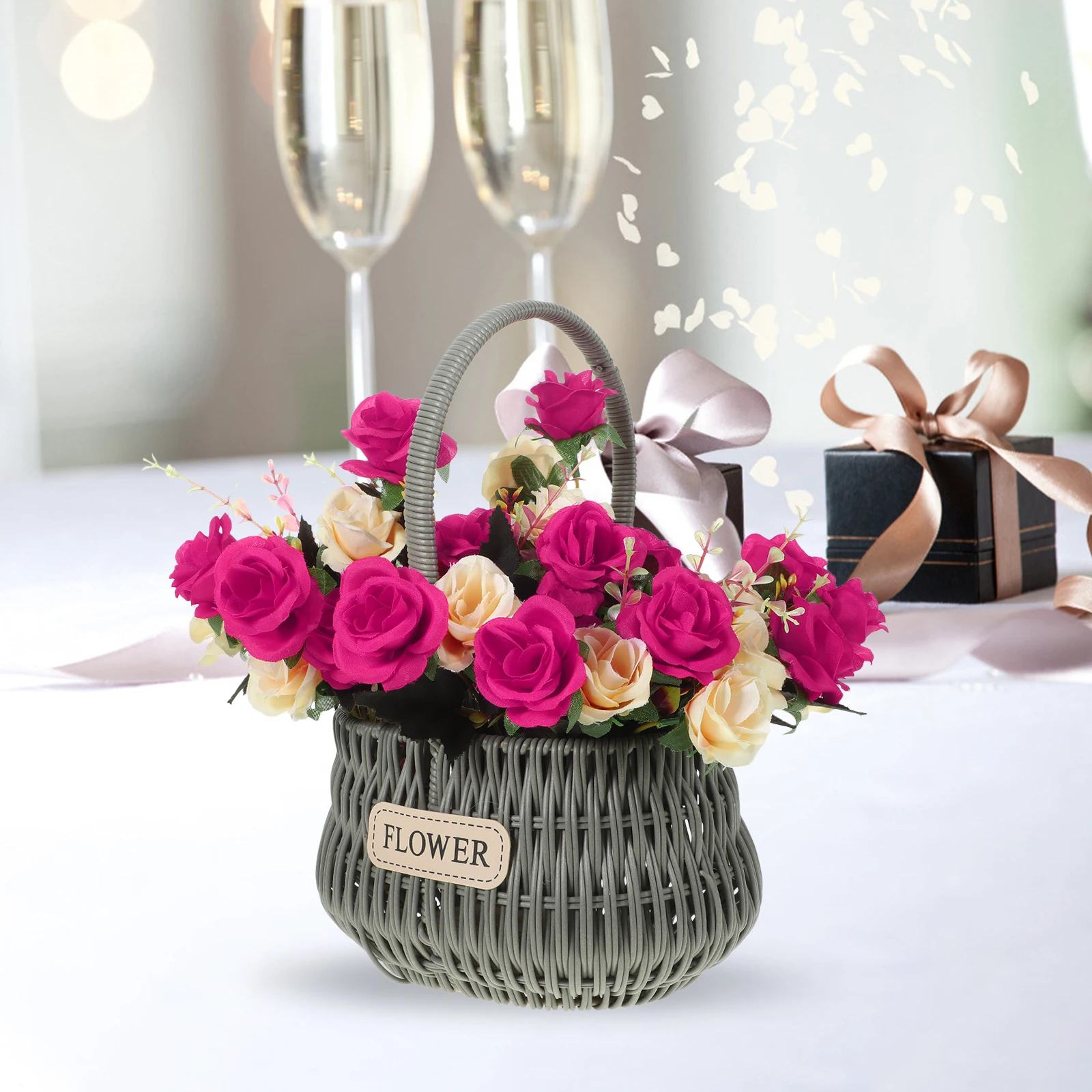 

Rattan Woven Flower Basket Handmade Storage Baskets Portable Grey Elegant Wedding Vegetable Basket Home Office Decor Plant Pot
