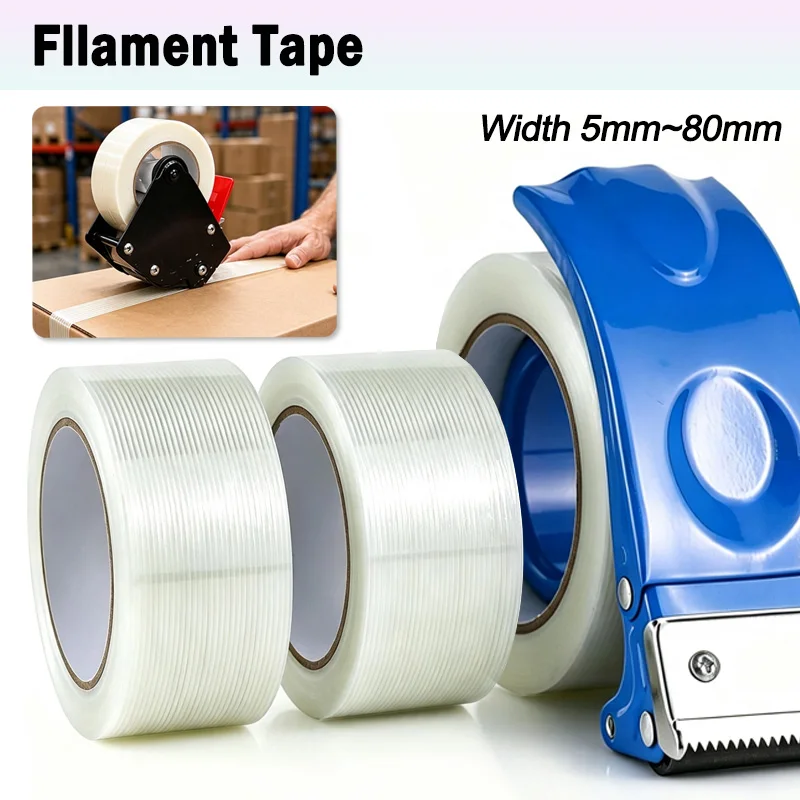 Filament Tape 50m Roll Heavy Duty Single Direction Glass Fiber Reinforced High Tensile Strength Strapping Tape Bundling Packing