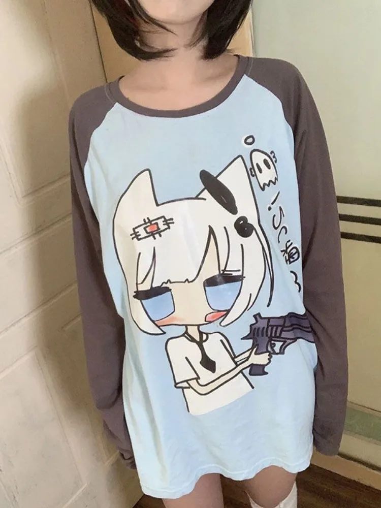 Autumn Kawaii Cute Cartoon Print Tshirt Japanese Patchwork Women Long Sleeve Tops Y2k Aesthetic Sweet Contrast Color Sweatshirts