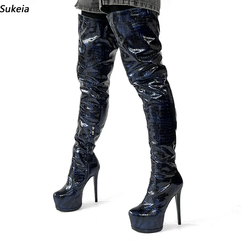 

Sukeia Handmade Women Winter Thigh Boots Platform Stiletto Heels Round Toe Pretty Blue Evening Shoes Ladies US Size 5-20