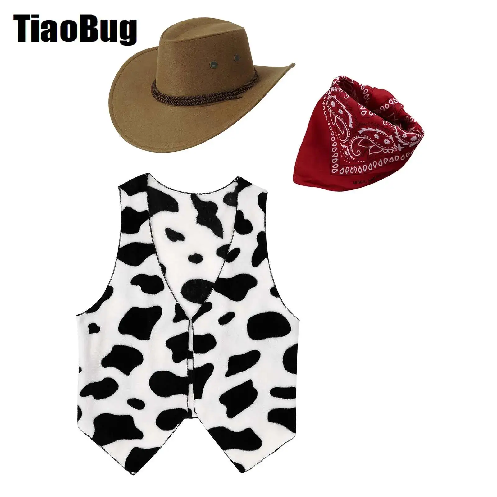 Mens Western Cowboy Cosplay Costume Halloween Cowboy Hat Cow Printed Flannel Waistcoat And Print Bandanna 3-piece Suit