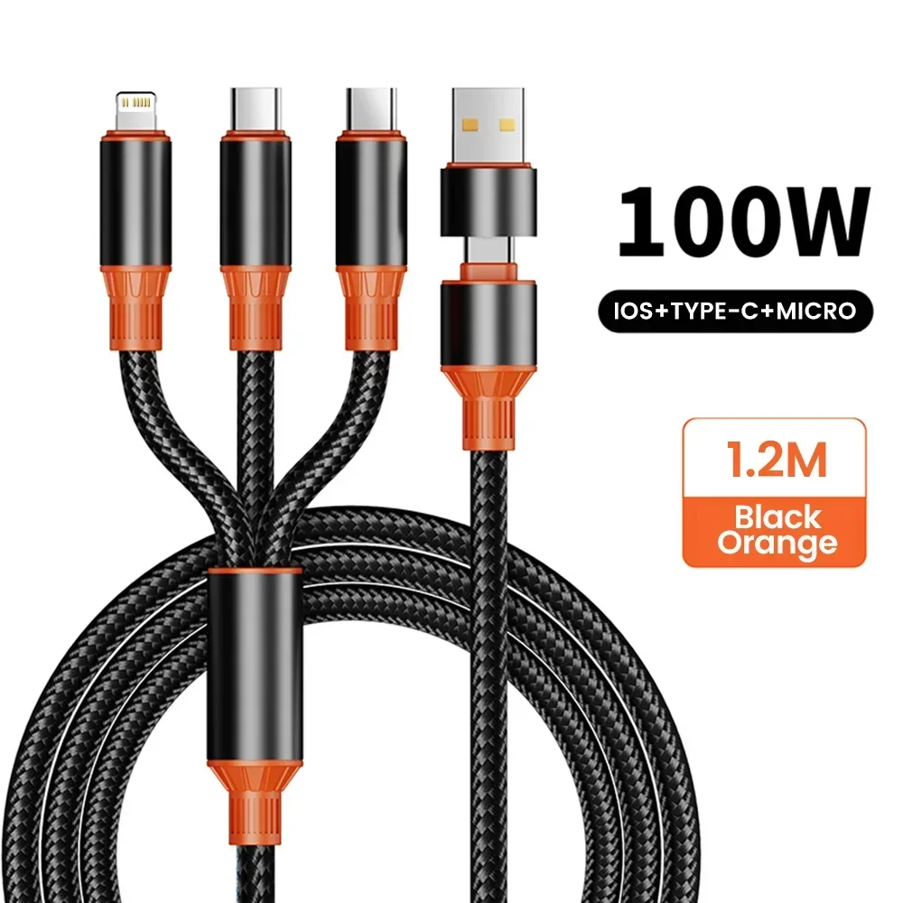 1.2M Nylon Braided 100W 2 In 3 Out Fast Charging Cable 6A Multi Interface for IOS Android Type C Devices Home Travel Use