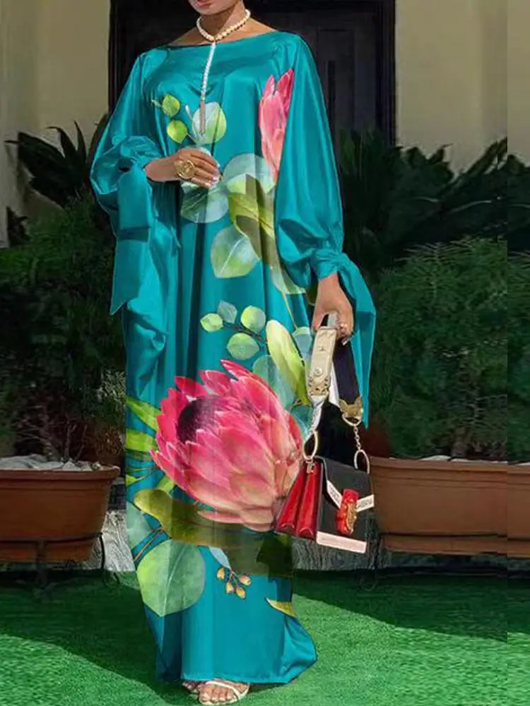 Grande taille soie imprimé Par Dr Ele rican Robe longue Satin Robe de soirée femmes Faion été a-ligne Midi Dr