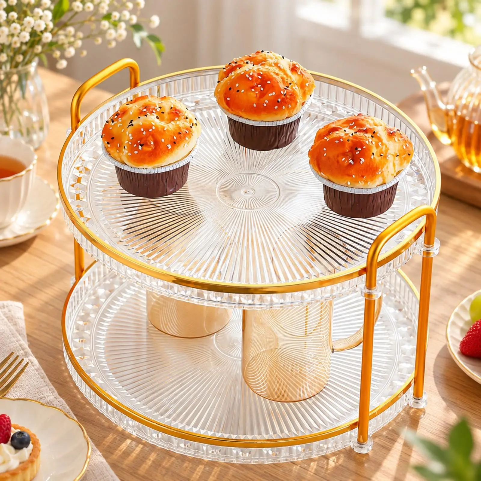 Two-Tier Dessert Display Stand Gold-Finished Two-Level Cake Stand with Dome Cover Portable Space-Saving for Café Counters