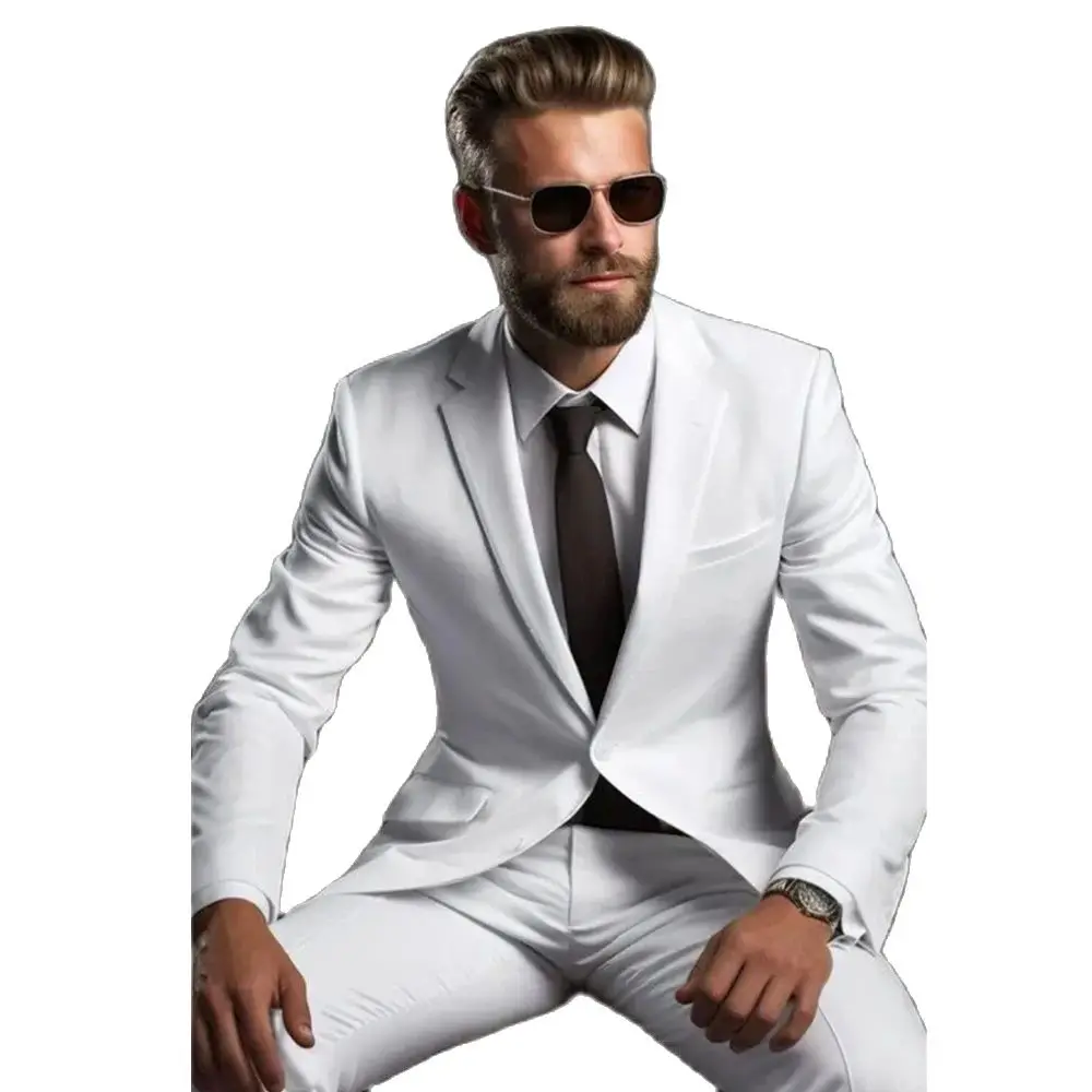 Chic Solid White Male Suit Slim Fit Summer Single Breasted Notch Lapel Two Piece Fashion Formal Smart Casual (Jacket+Pants)