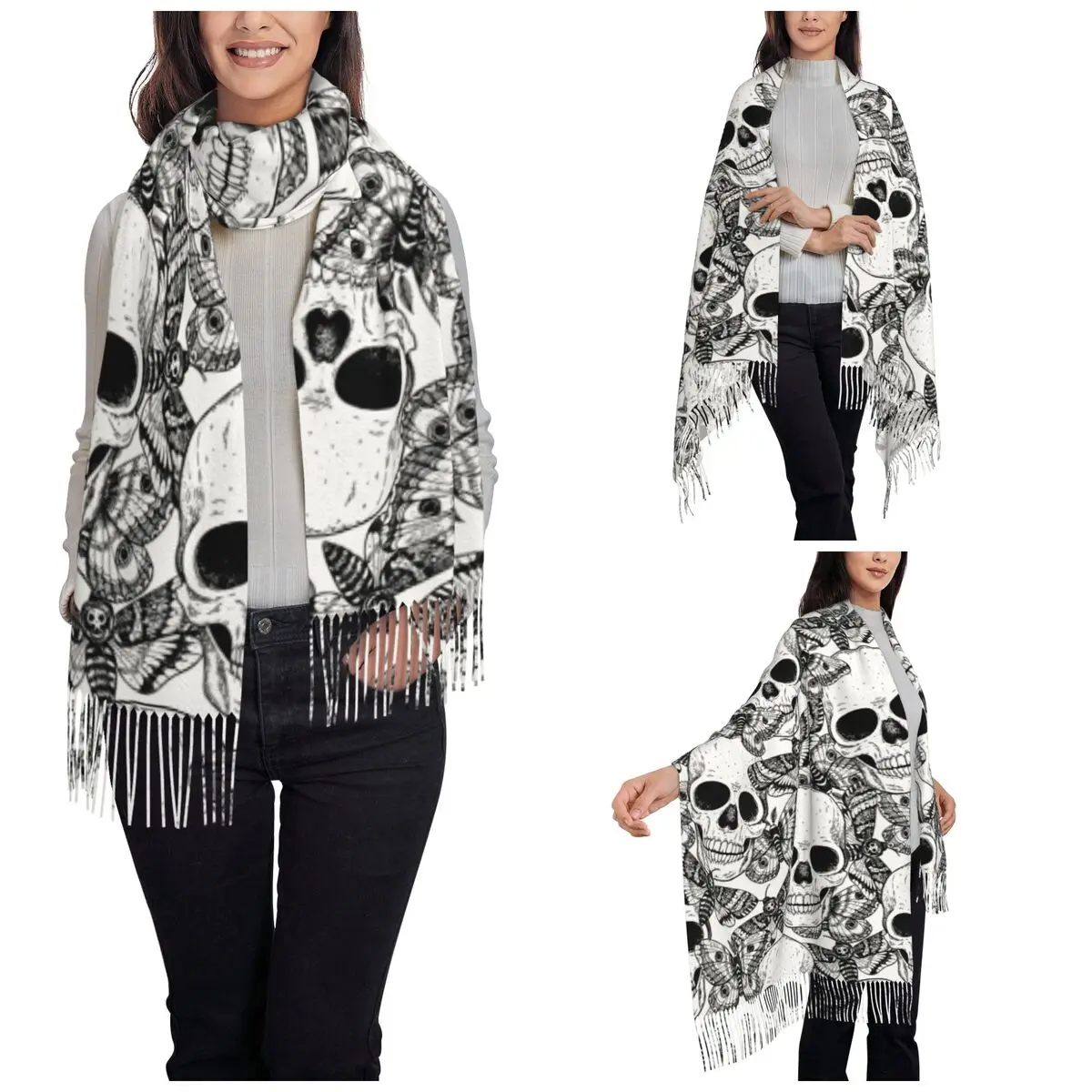 Womens Scarf with Tassel Skull Butterflies Death Moth Large Super Soft Shawl and Wrap Halloween Cartoon Gifts Pashmina Scarves