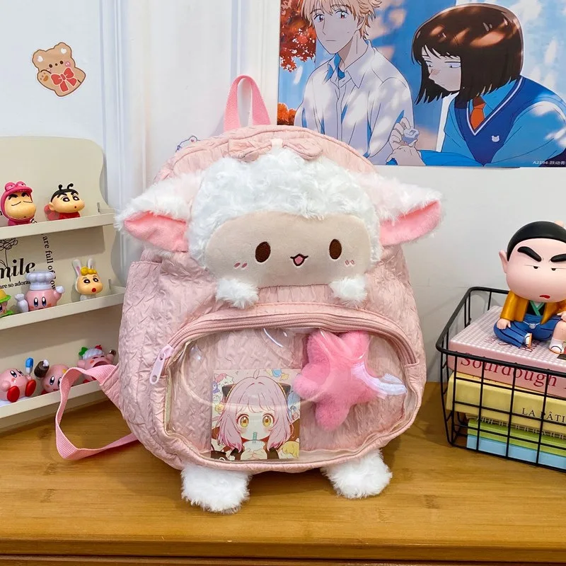 Cute Sheep Plush Backpack Cartoon Clear Window Student School Bag Kawaii Large Capacity Casual Travel Campus Daypack