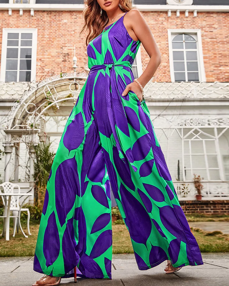 

Women's Urban Jumpsuit The Latest Spring/summer 2025 Vacation Beach Green Print Sleeveless Casual Lace Up Pants Romper Bodysuit