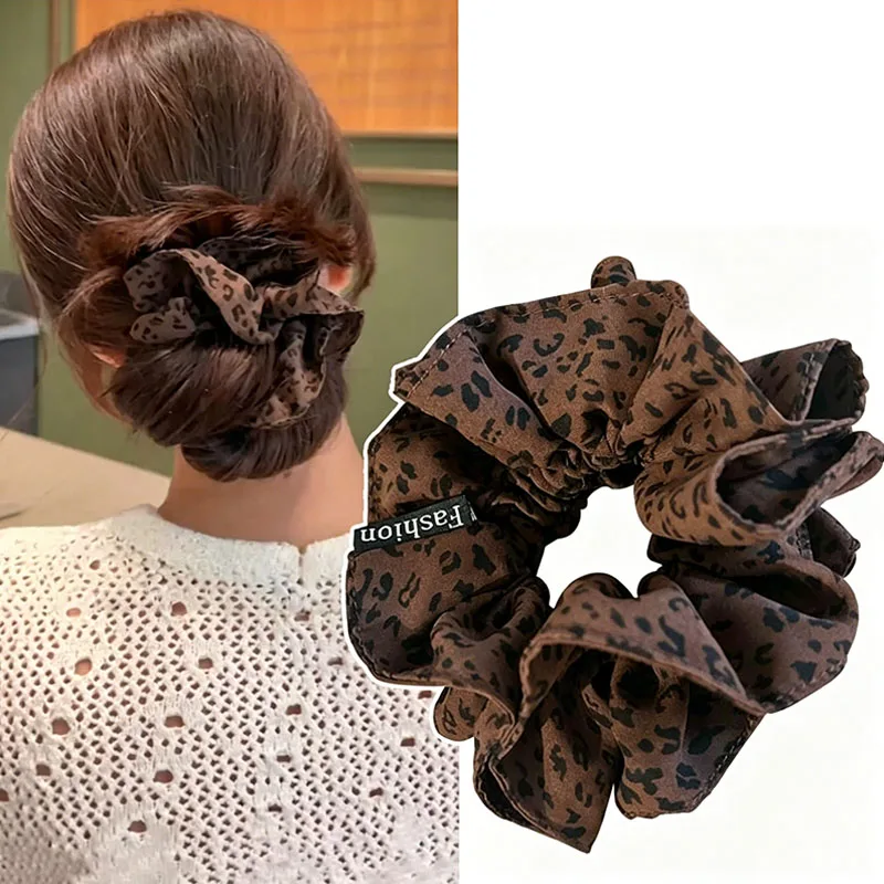 Vintage Leopard Pattern Double-layer Scrunchie For Women Girls Sweet Hair Tie Elastic Hair Band Hair Ring Hair Accessories