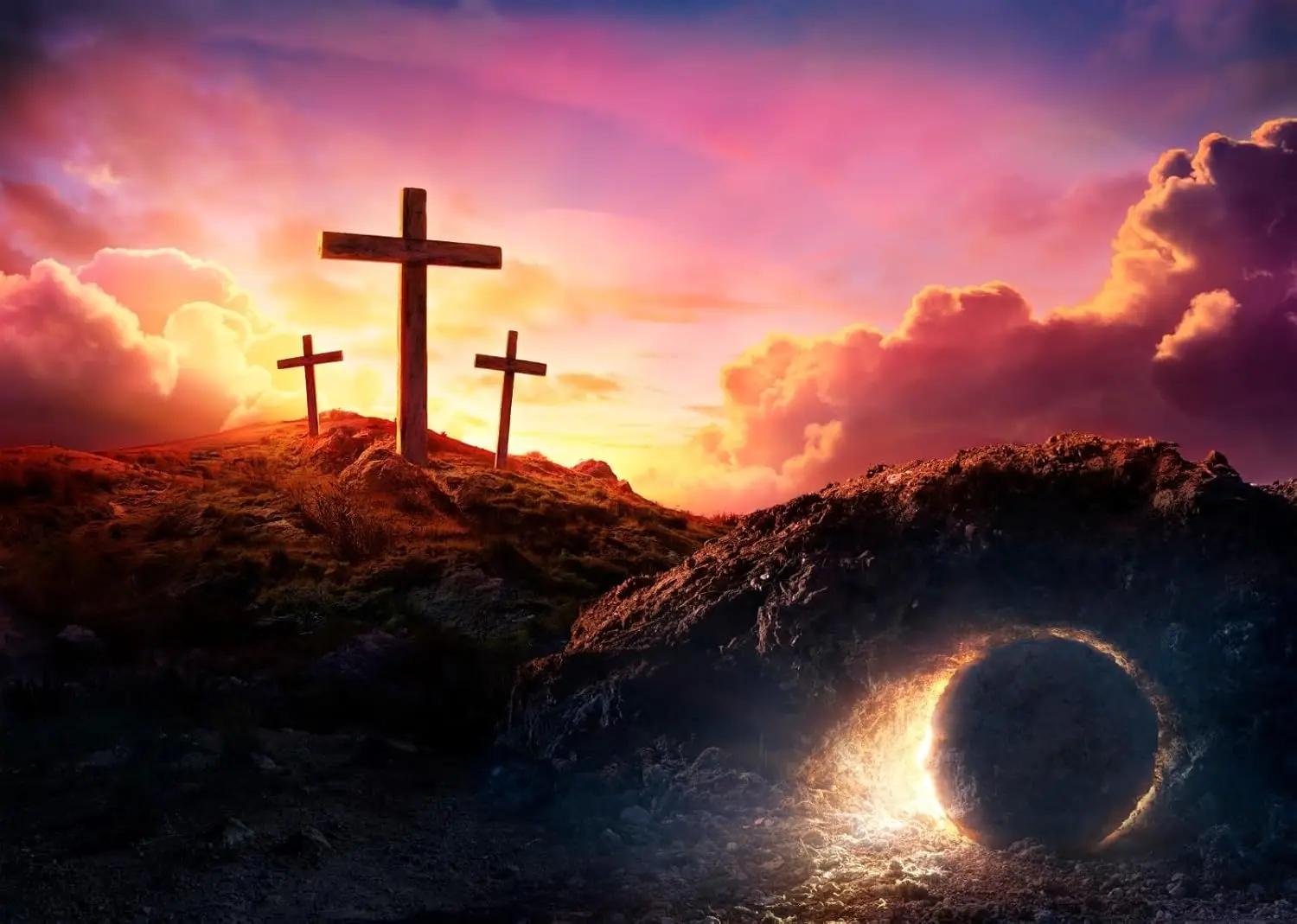 Easter Tomb Three Crosses Empty Tomb Crucifixion at Sunrise Jesus Christian Church photo background photography backdrop studio